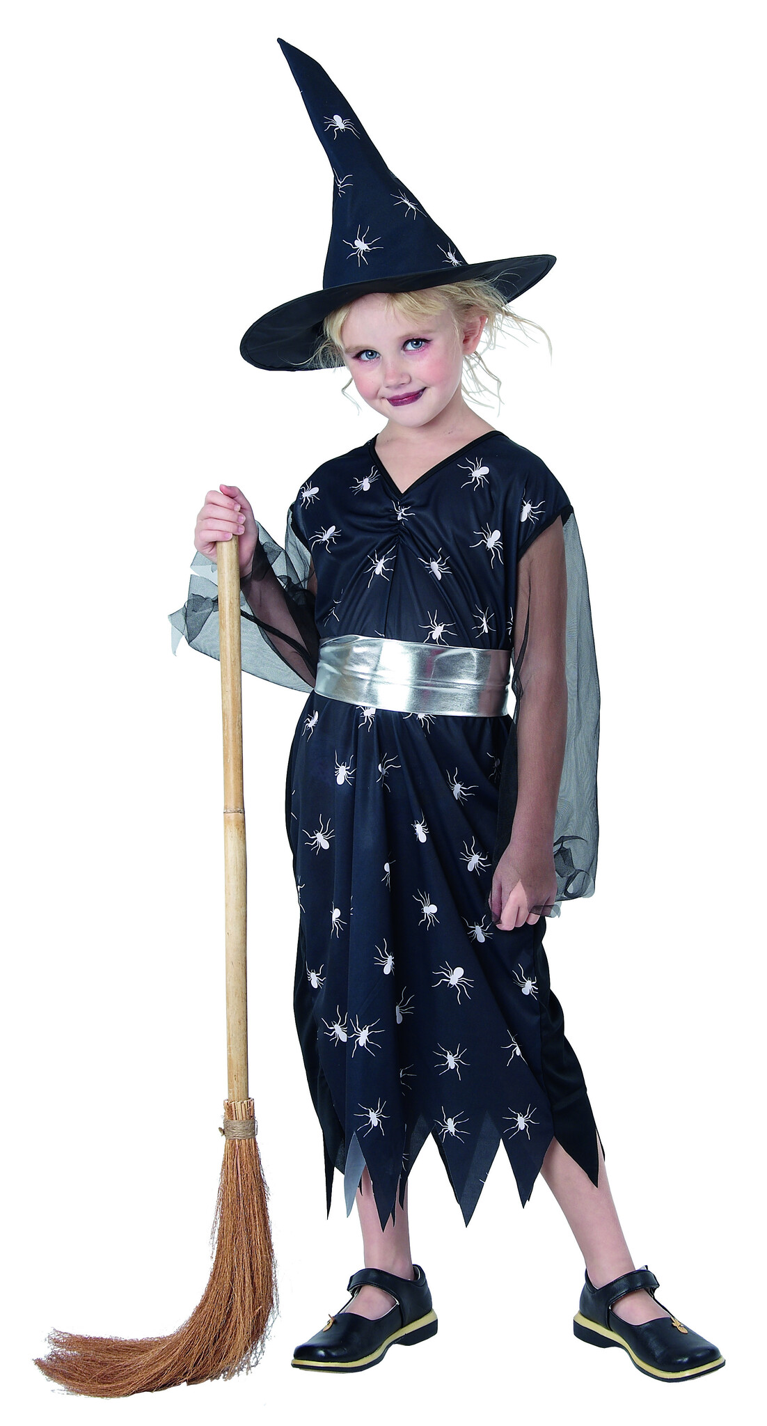 Costume per bambini vestito nero motivo ragno 'strega' (10-11-12