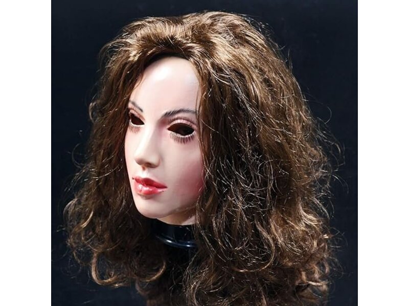 Vrouwenmasker Deluxe (bruin krullend haar)