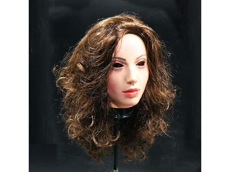 Vrouwenmasker Deluxe (bruin krullend haar)