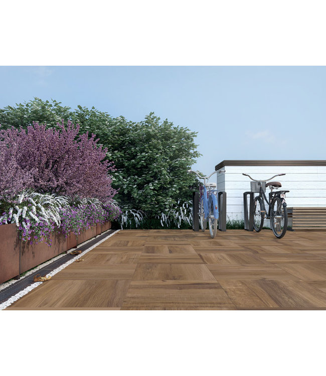 Keramische Buitentegel Osio 60X60X2 Houtoptiek Donker Bruin