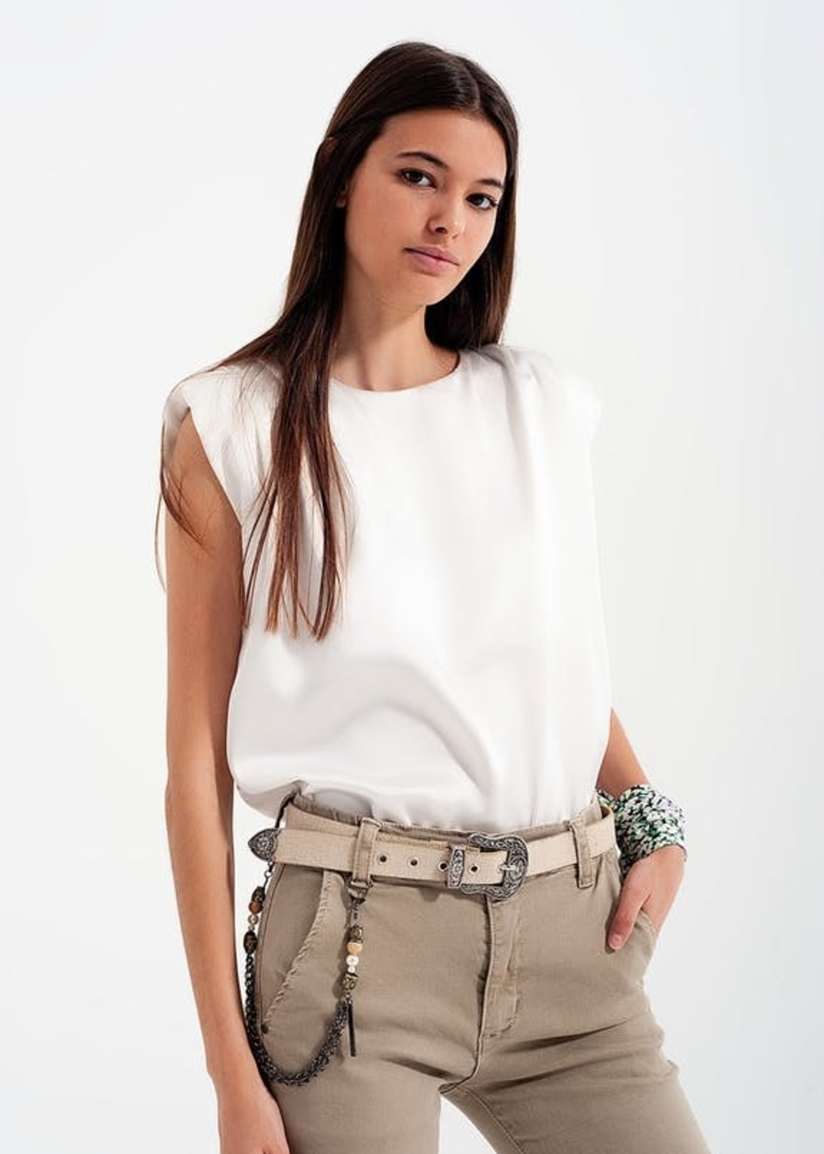 Q2 Gathered satin shoulder pad sleeveless top in white