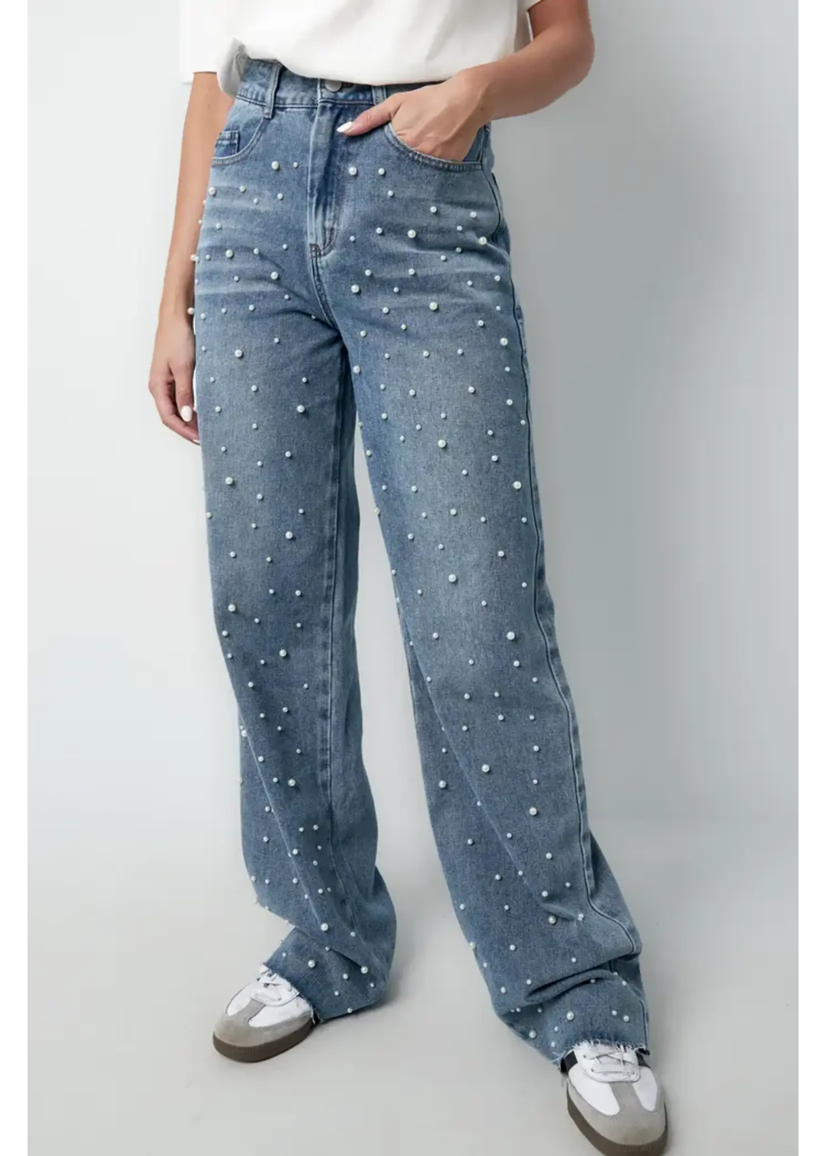 Denim jeans pearl adorement - blauw L