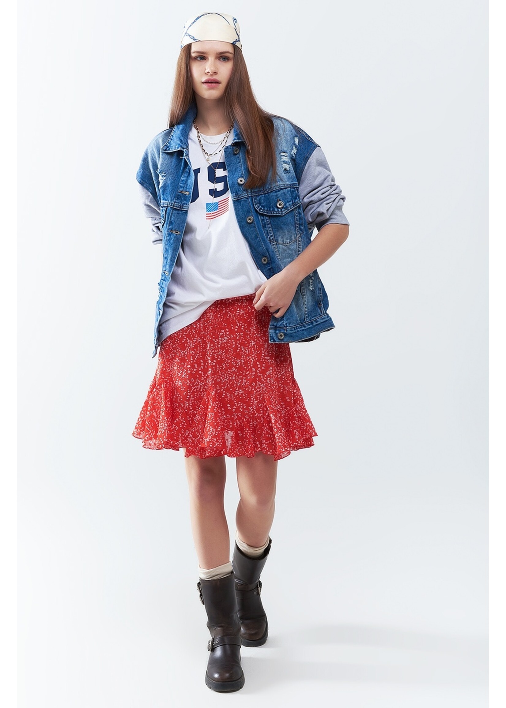 Q2 Wit losvallend lang t-shirt met USA-logo