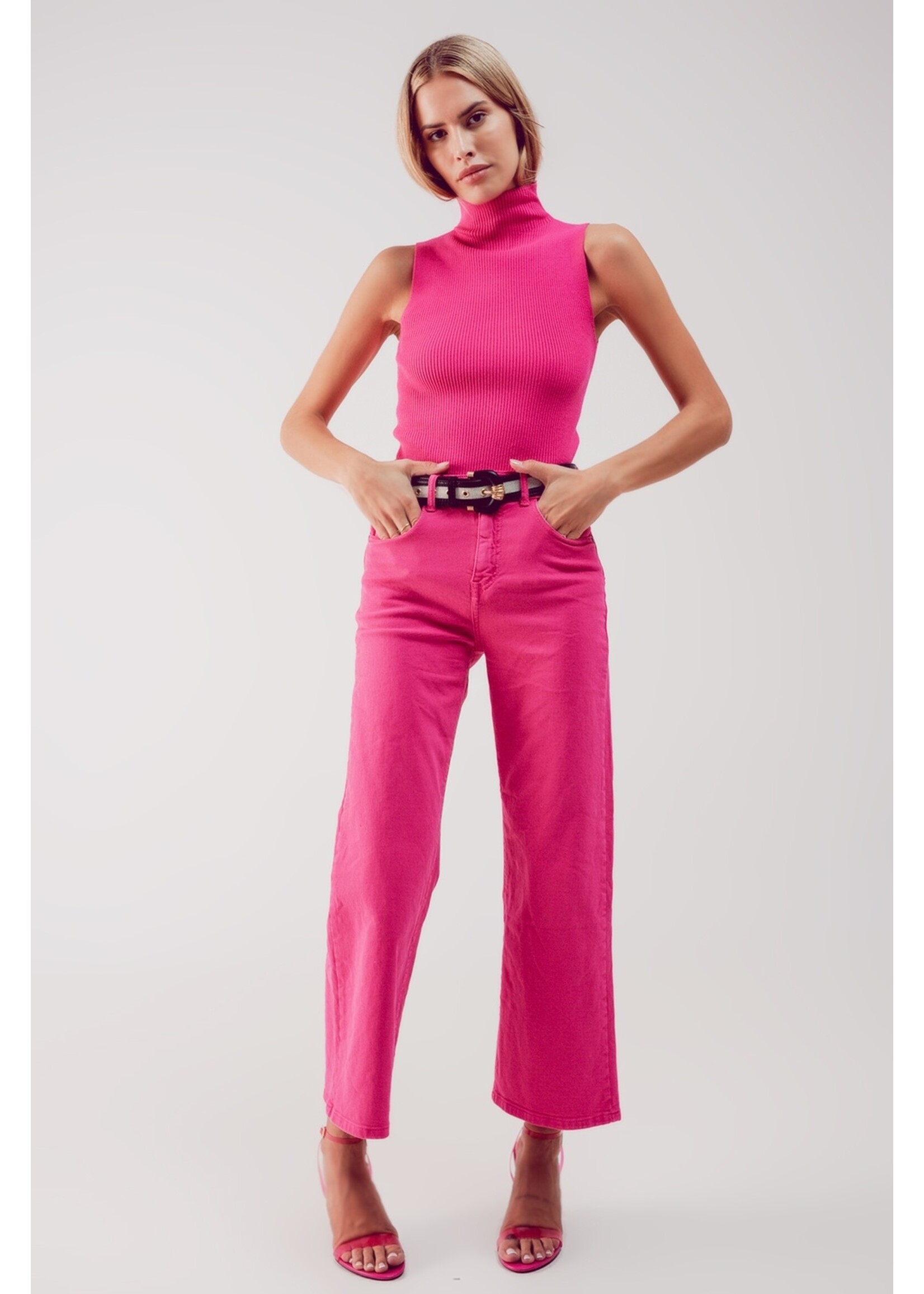 Q2 Cropped jeans met wijde pijpen in fushia maat ; L