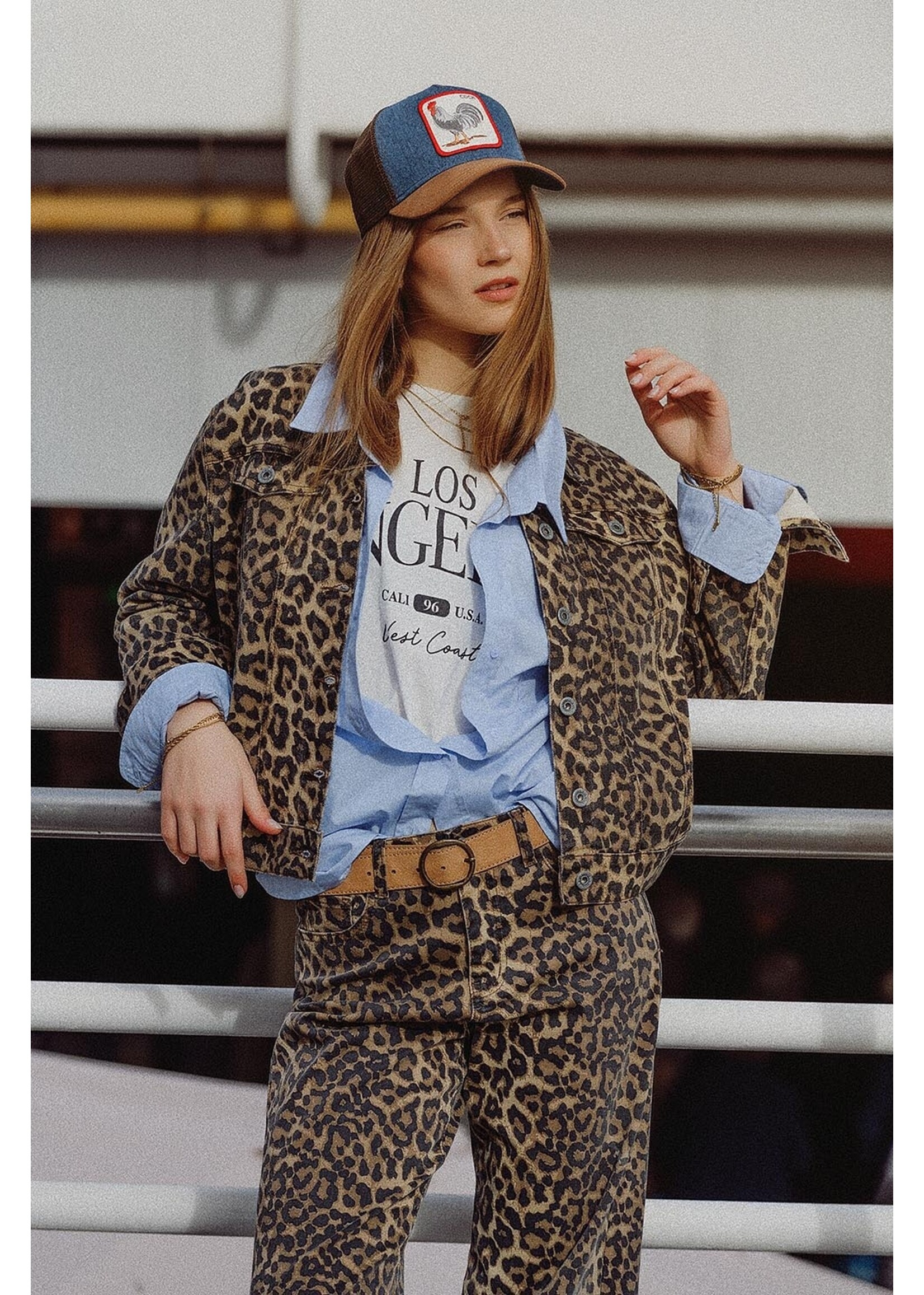 Q2 Bruin jasje met luipaardprint in denimstof Maat; XL