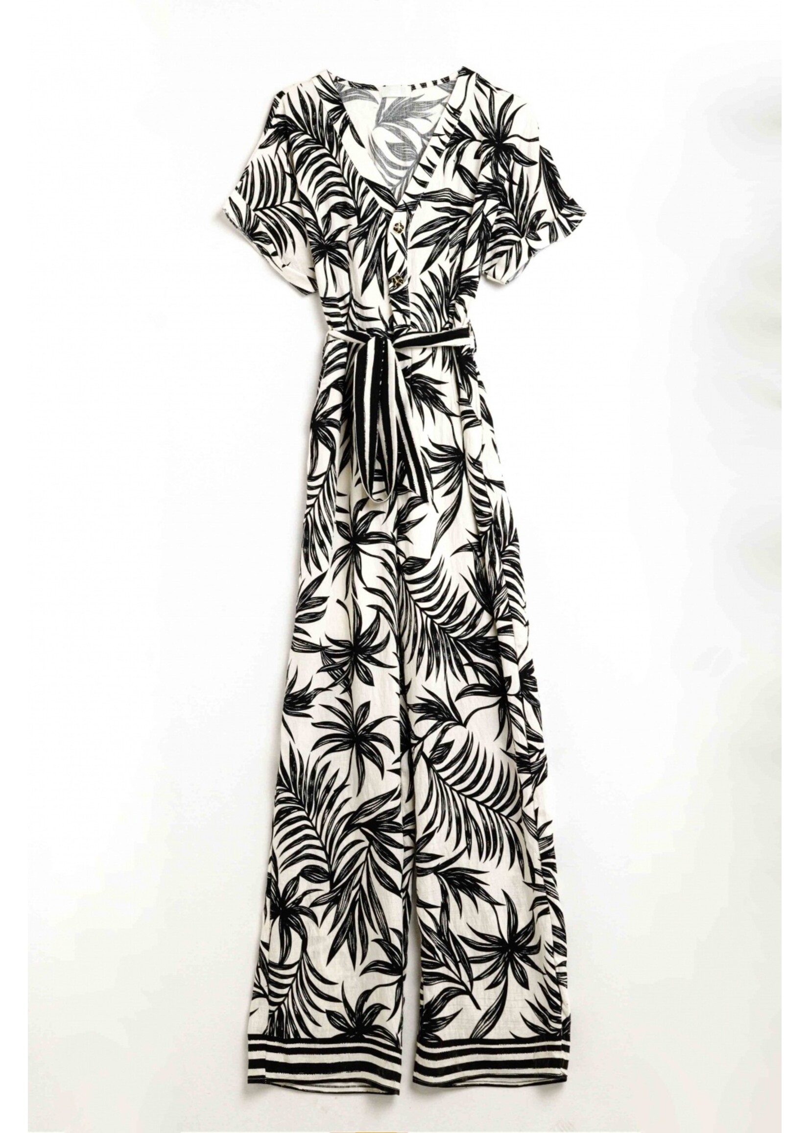 Q2 Tropisch motief jumpsuit met korte mouwen in zwart en wit Maat; M