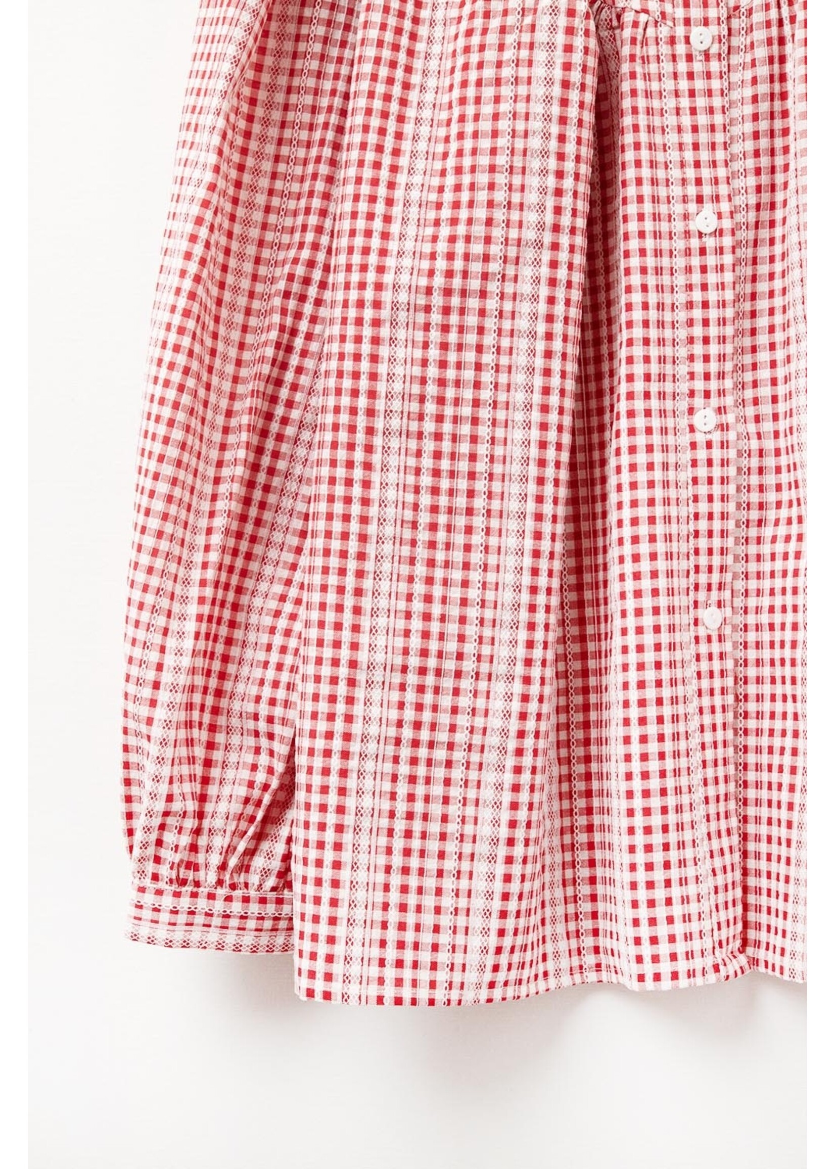 Q2 Gingham Rood en Witte Blouse Zonder Kraag Met Wijde Mouwen Maat; M