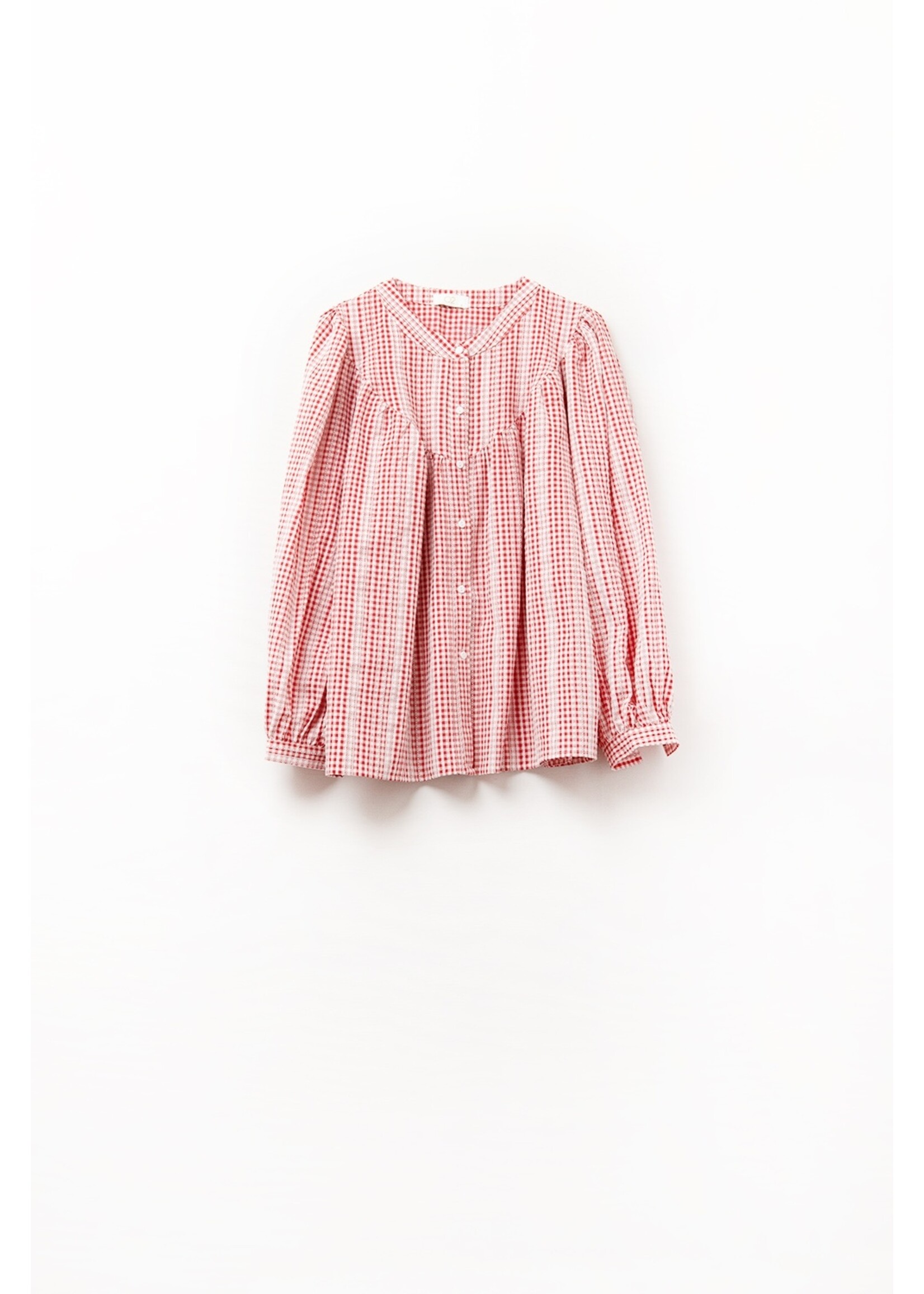 Q2 Gingham Rood en Witte Blouse Zonder Kraag Met Wijde Mouwen Maat; M