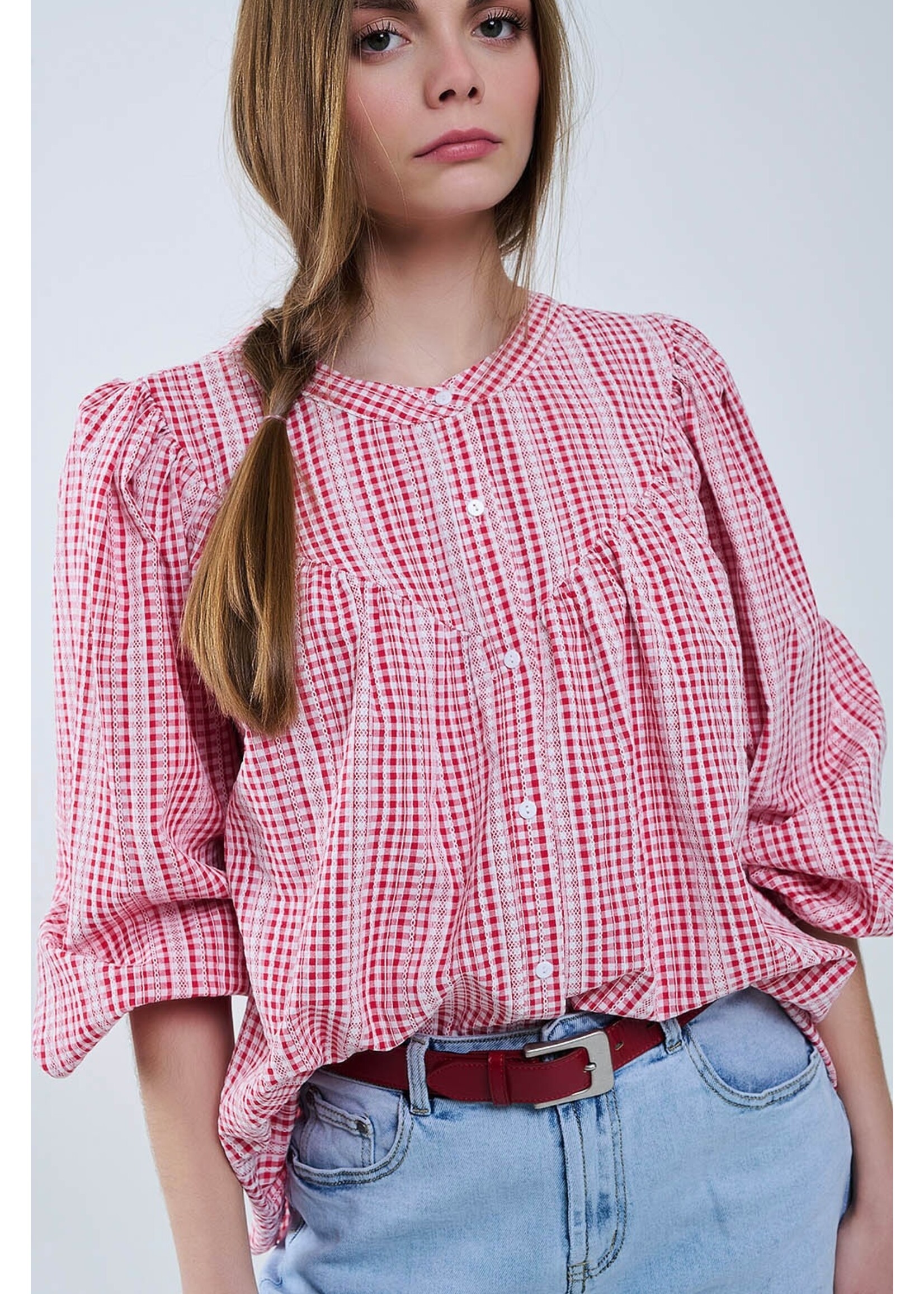 Q2 Gingham Rood en Witte Blouse Zonder Kraag Met Wijde Mouwen Maat; M