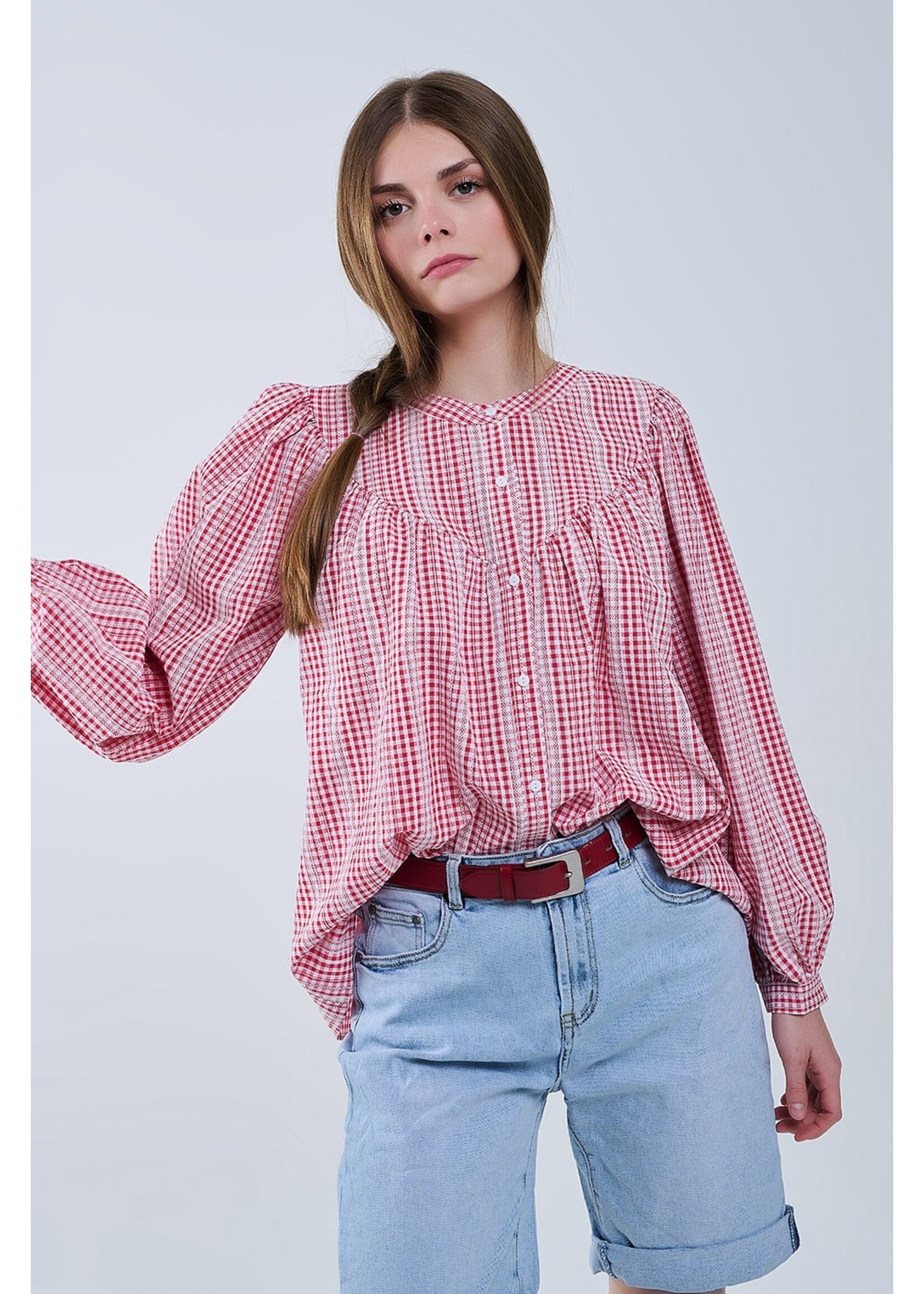 Q2 Gingham Rood en Witte Blouse Zonder Kraag Met Wijde Mouwen Maat; M