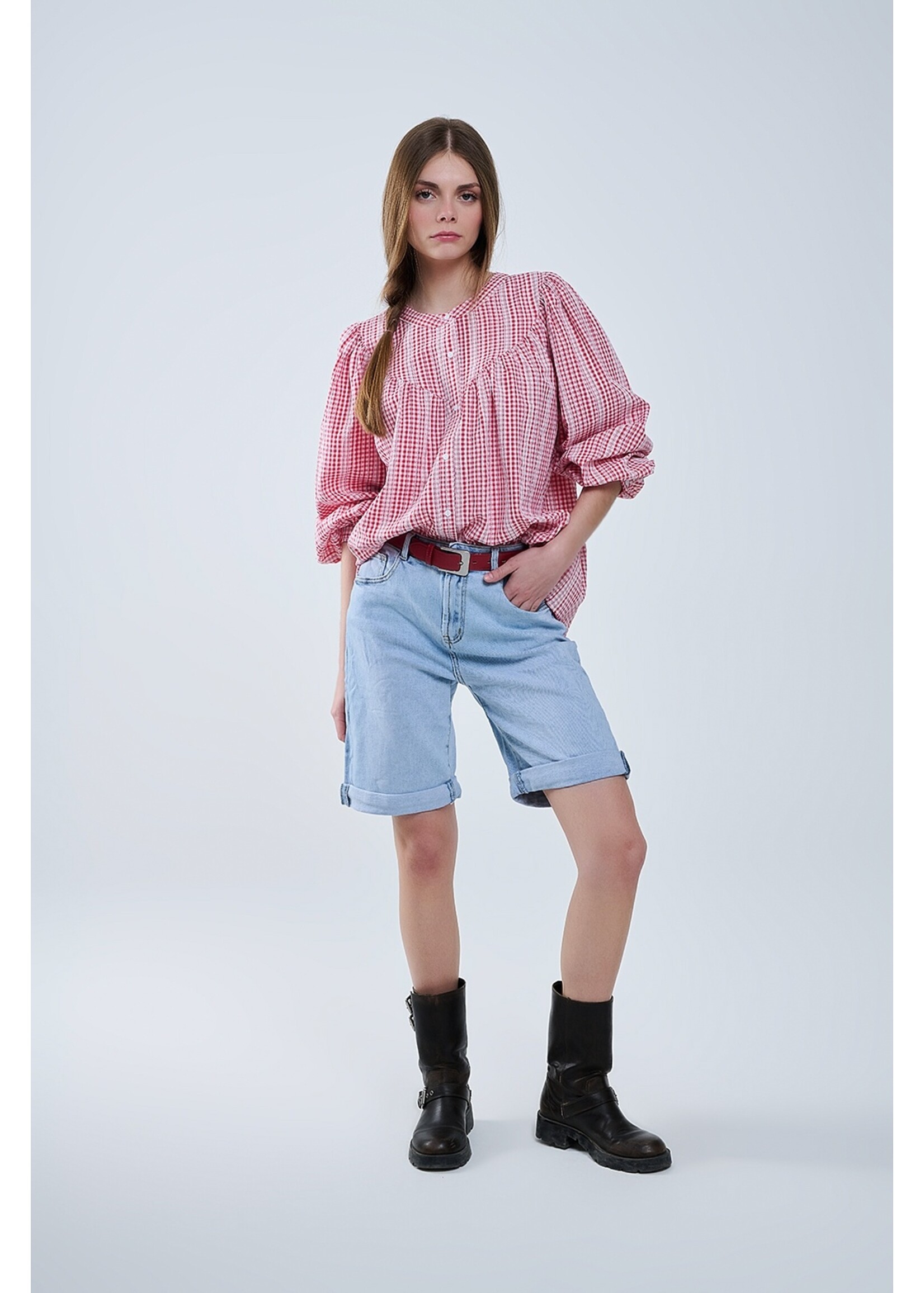 Q2 Gingham Rood en Witte Blouse Zonder Kraag Met Wijde Mouwen Maat; M