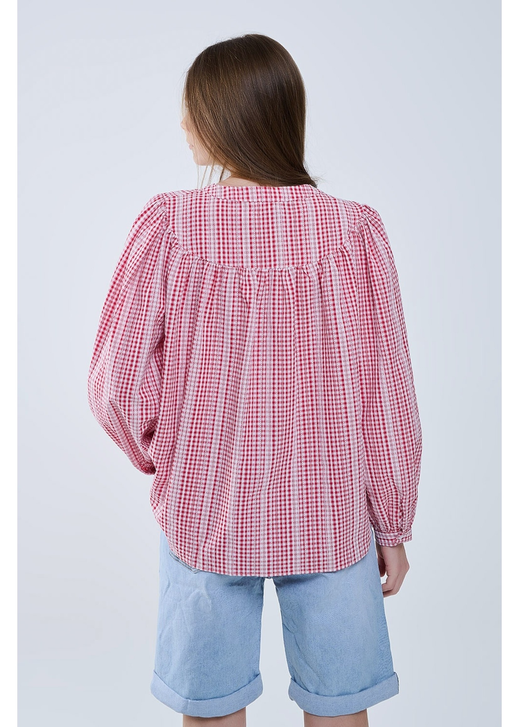 Q2 Gingham Rood en Witte Blouse Zonder Kraag Met Wijde Mouwen Maat; M