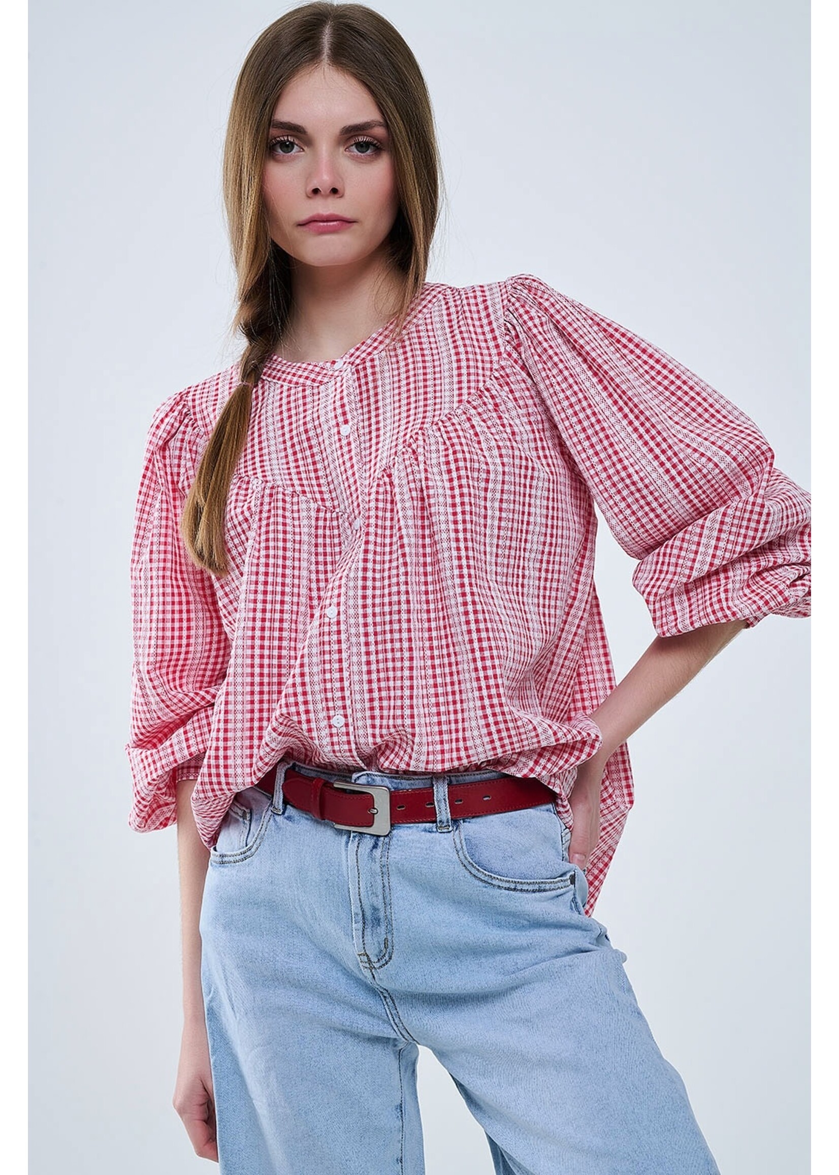 Q2 Gingham Rood en Witte Blouse Zonder Kraag Met Wijde Mouwen Maat; M