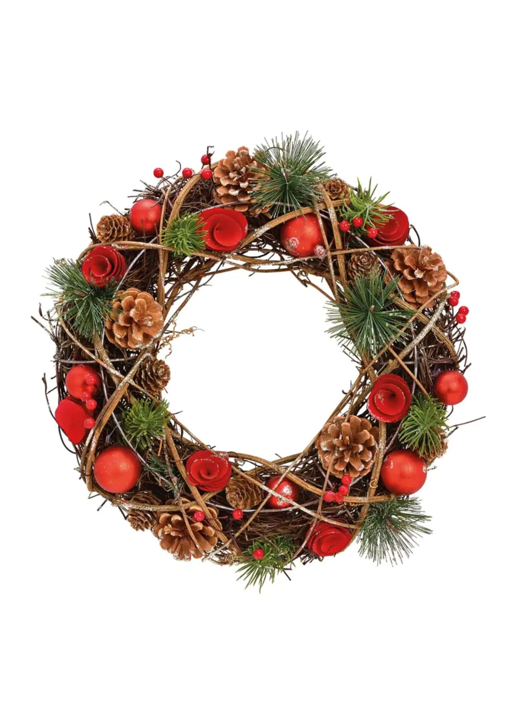 Kerstkrans van hout, kunststof rood, bruin