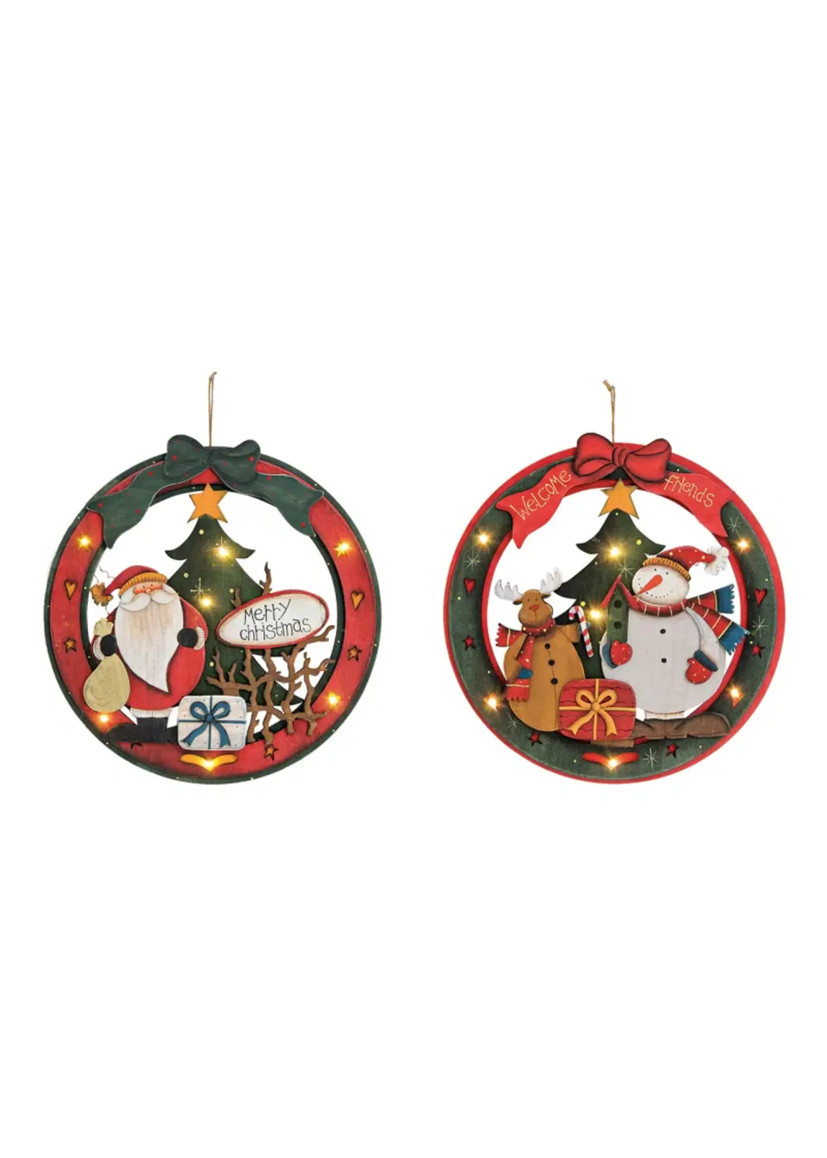 Deurkrans LED Kerstman/snowman decor gemaakt van hout,  groen/rood 31cm