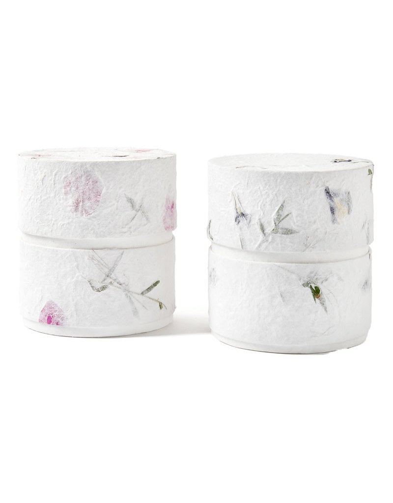 . Eco urn covered with natural paper with flowers