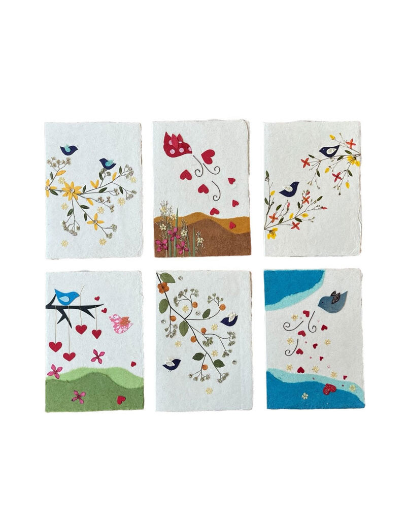 . Ensemble de 6 cartes/enveloppes avec un motif de oiseaux