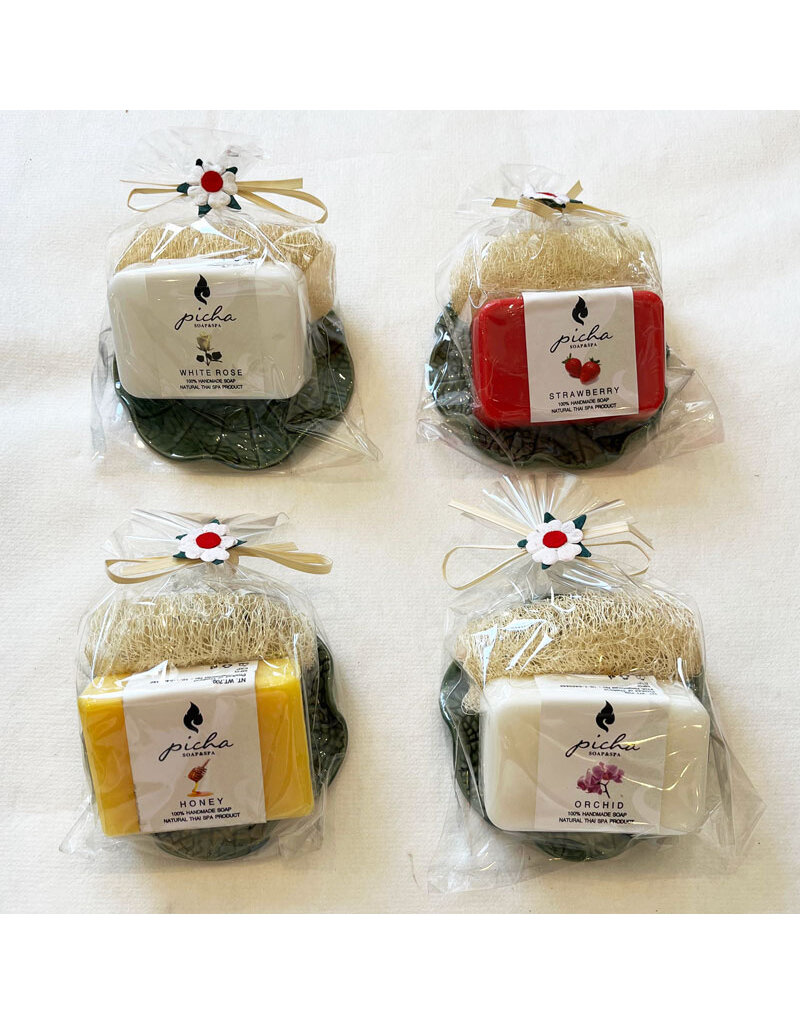 Porzellanschale mit Seife/Loofah-Schwamm