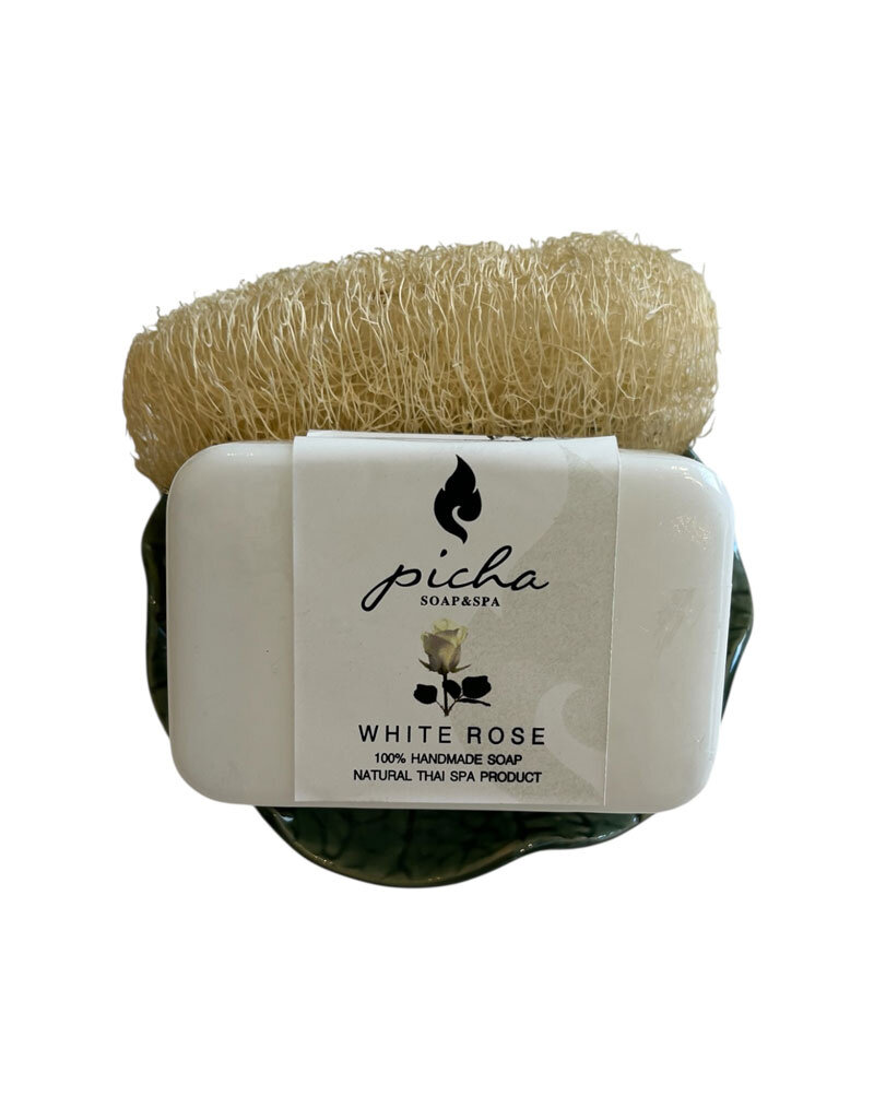 Plat en porcelaine avec savon / éponge loofah