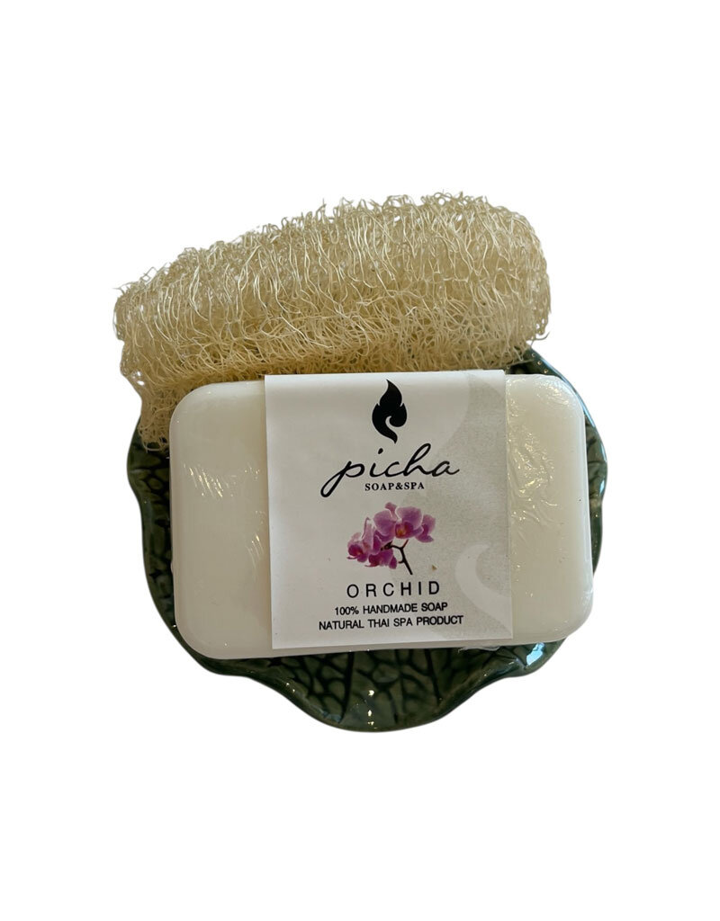 Plat en porcelaine avec savon / éponge loofah