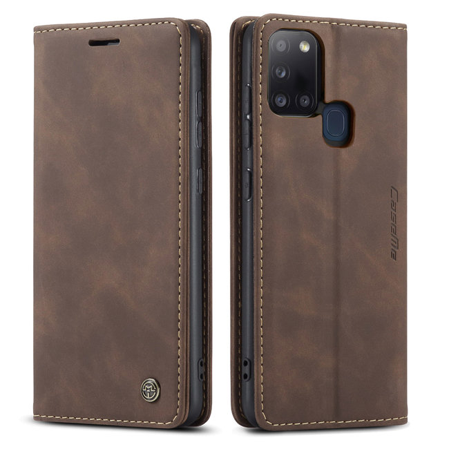 CaseMe - Case for Samsung Galaxy A21s - PU Leather Wallet Case Card Slot Kickstand Magnetic Closure - Coffee Brown