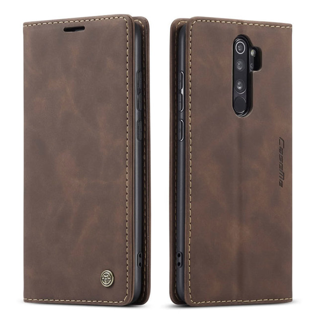 CaseMe - Case for Xiaomi Redmi Note 8 Pro - PU Leather Wallet Case Card Slot Kickstand Magnetic Closure - Coffee Brown