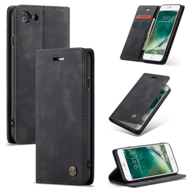 CaseMe - Case for iPhone 7/8/SE 2020 - PU Leather Wallet Case Card Slot Kickstand Magnetic Closure - Black