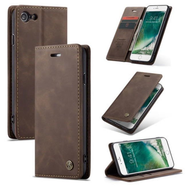 CaseMe - Case for iPhone 7/8/SE 2020 - PU Leather Wallet Case Card Slot Kickstand Magnetic Closure - Coffee Brown