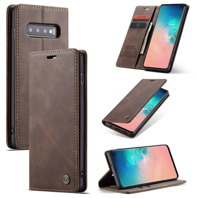 CaseMe - Case for Samsung Galaxy S10 5G - PU Leather Wallet Case Card Slot Kickstand Magnetic Closure - Coffee Brown