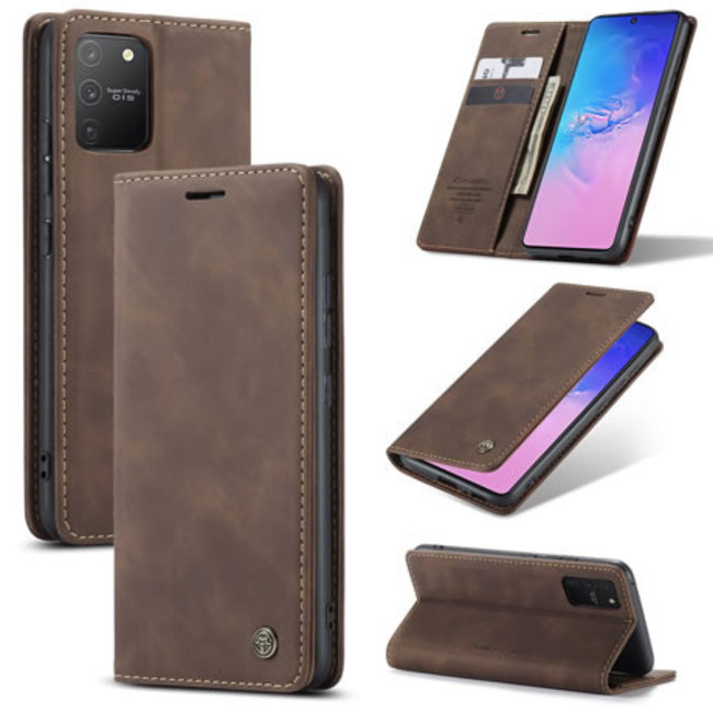 CaseMe - Case for Samsung Galaxy S10 Lite - PU Leather Wallet Case Card Slot Kickstand Magnetic Closure - Coffee Brown