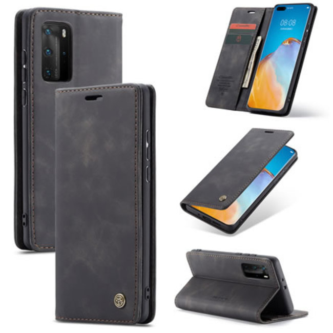 CaseMe - Case for Huawei P40 Pro Plus - PU Leather Wallet Case Card Slot Kickstand Magnetic Closure - Black