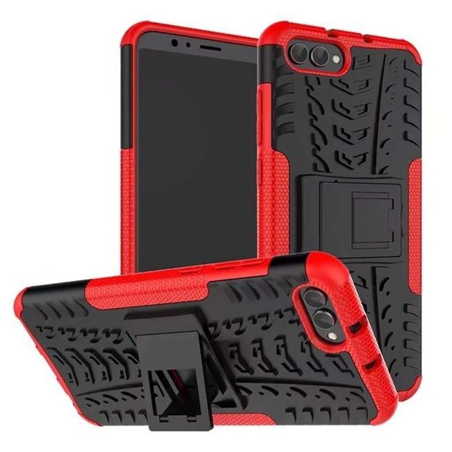 Case for Honor View 10 - Heavy Duty Hybrid Tough Rugged Dual Layer Armor - Kickstand Cover - Red