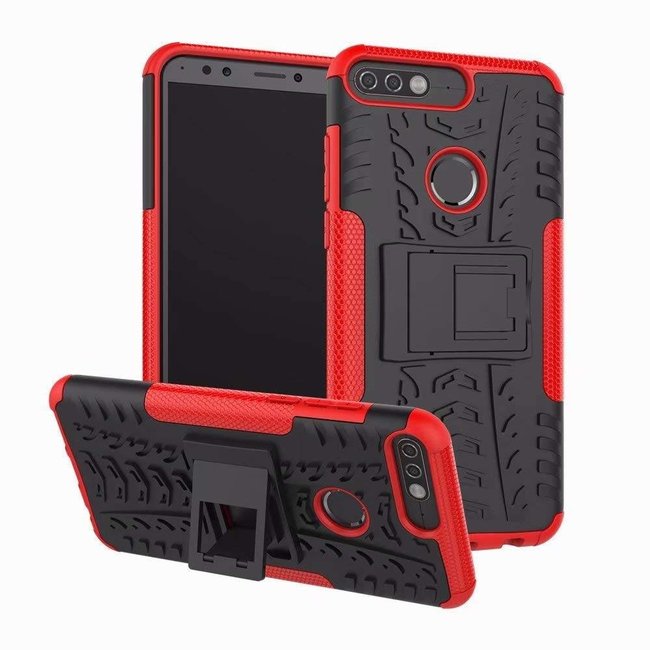 Case for Huawei Y7 2018 - Heavy Duty Hybrid Tough Rugged Dual Layer Armor - Kickstand Cover - Red