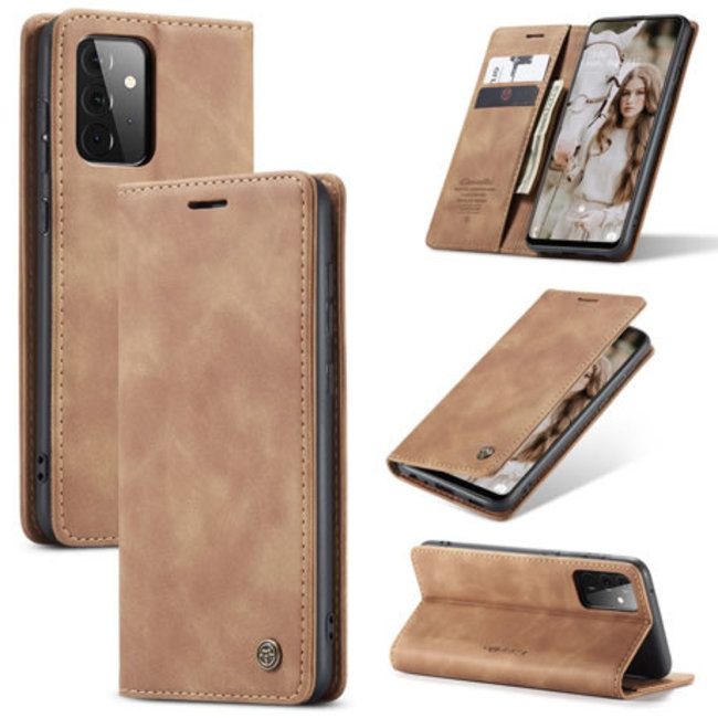 CaseMe - Case for Samsung Galaxy A72 5G - PU Leather Wallet Case Card Slot Kickstand Magnetic Closure - Light Brown