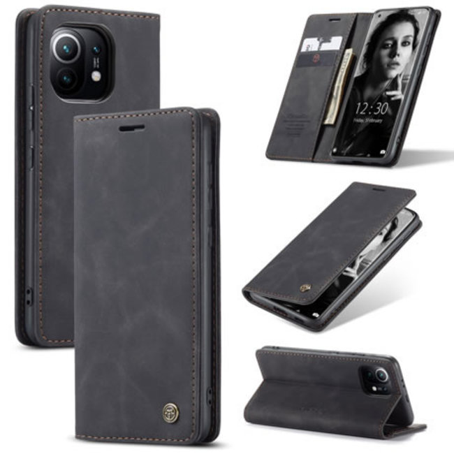 CaseMe - Case for Xiaomi Mi 11 - PU Leather Wallet Case Card Slot Kickstand Magnetic Closure - Black