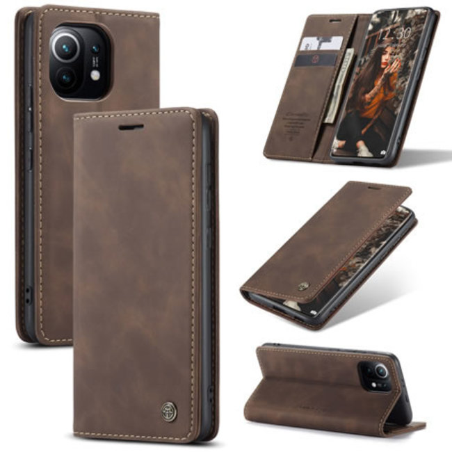 CaseMe - Case for Xiaomi Mi 11 - PU Leather Wallet Case Card Slot Kickstand Magnetic Closure - Dark Brown