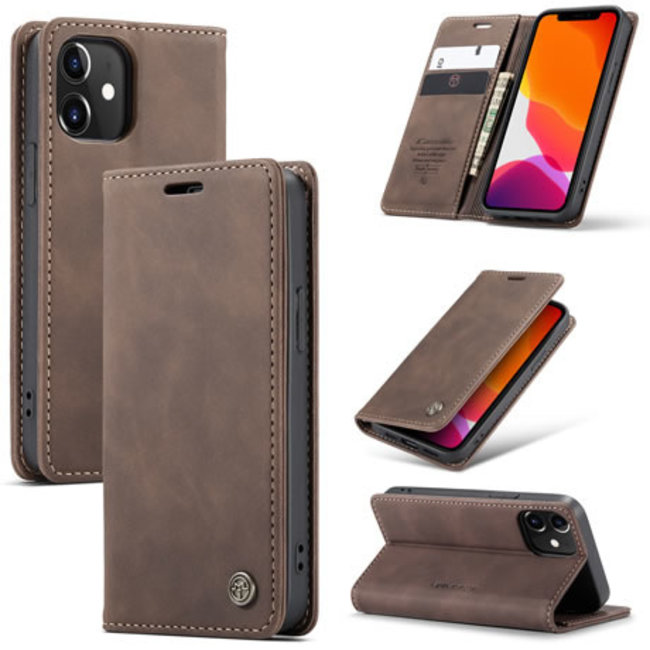 CaseMe - Case for iPhone 12 - PU Leather Wallet Case Card Slot Kickstand Magnetic Closure - Dark Brown