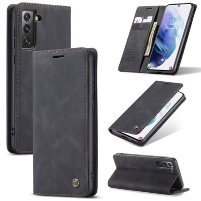 CaseMe - Case for Samsung Galaxy S21 - PU Leather Wallet Case Card Slot Kickstand Magnetic Closure - Black