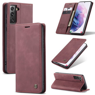 CaseMe CaseMe - Case for Samsung Galaxy S21 - PU Leather Wallet Case Card Slot Kickstand Magnetic Closure - Dark Red