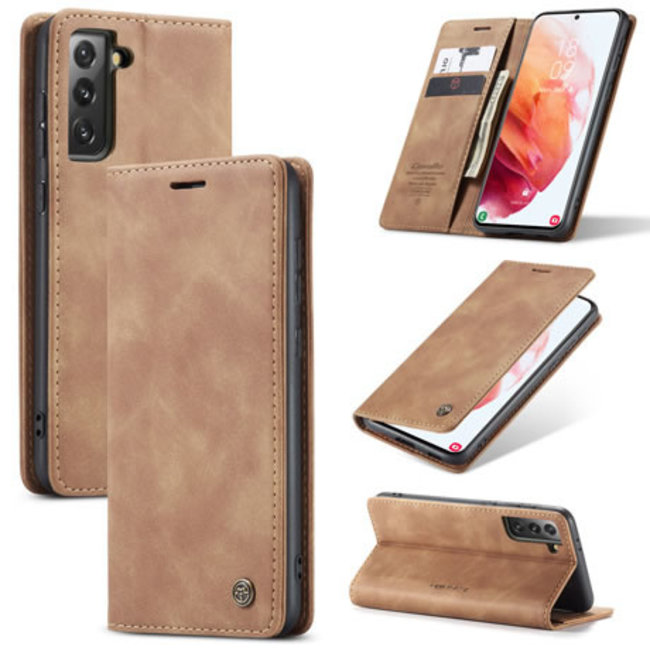 CaseMe - Case for Samsung Galaxy S21 Plus Case - PU Leather Wallet Case Card Slot Kickstand Magnetic Closure - Light Brown