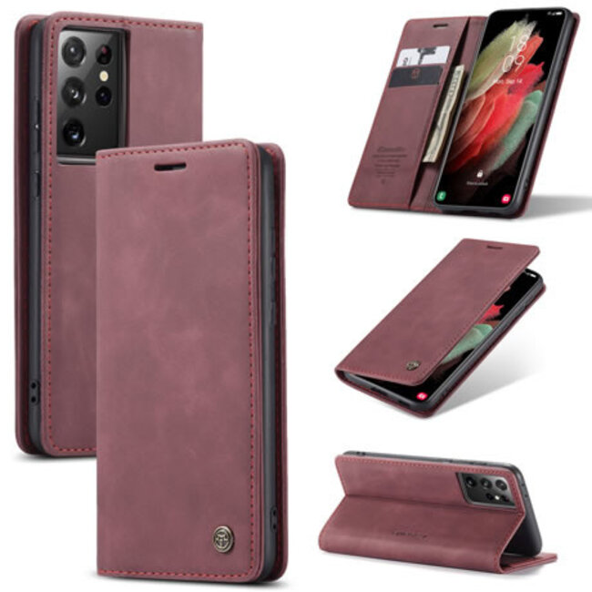 CaseMe - Case for Samsung Galaxy S21 Ultra - PU Leather Wallet Case Card Slot Kickstand Magnetic Closure - Dark Red