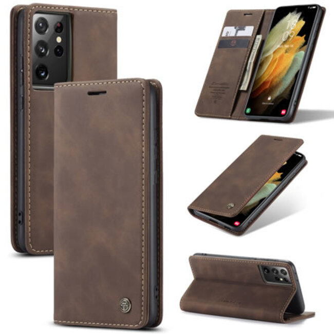 CaseMe - Case for Samsung Galaxy S21 Ultra - PU Leather Wallet Case Card Slot Kickstand Magnetic Closure - Dark Brown