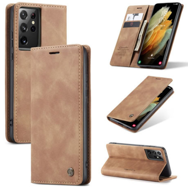 CaseMe - Case for Samsung Galaxy S21 Ultra - PU Leather Wallet Case Card Slot Kickstand Magnetic Closure - Light Brown