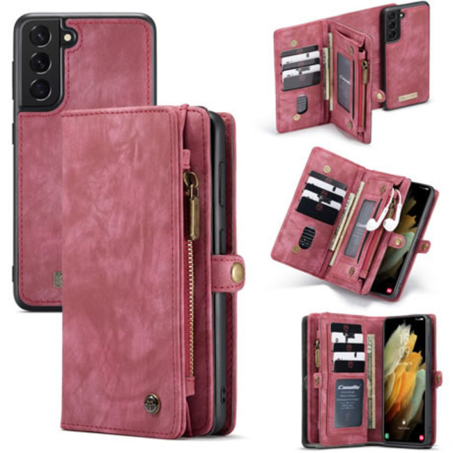 CaseMe - Case for Samsung Galaxy S21 - Wallet Case with Card Holder, Magnetic Detachable Cover - Red