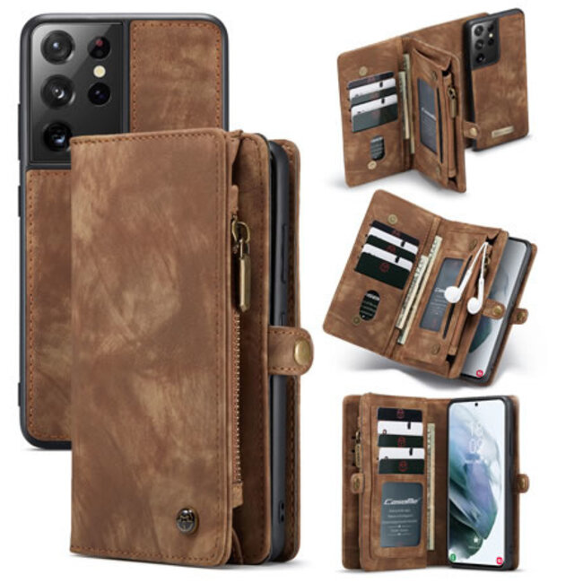 CaseMe - Case for Samsung Galaxy S21 Ultra - Wallet Case with Card Holder, Magnetic Detachable Cover - Brown