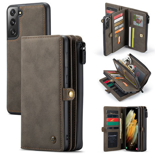 CaseMe - Samsung Galaxy S21 Case - Back Cover and Wallet Book Case - Multifunctional - Brown