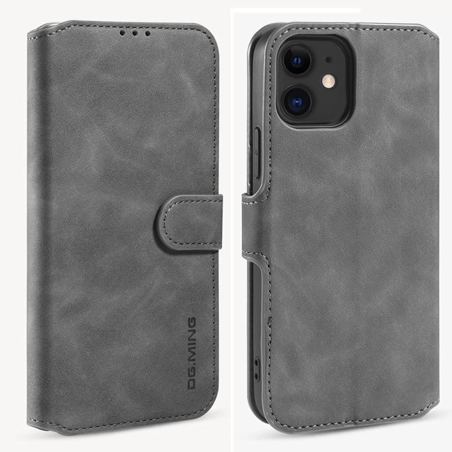 CaseMe - iPhone 12 Mini Case - with Magnetic closure - Leather Book Case - Grey