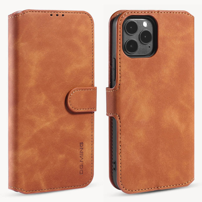 CaseMe - iPhone 12 / 12 Pro Case - with Magnetic closure - Leather Book Case - Light Brown