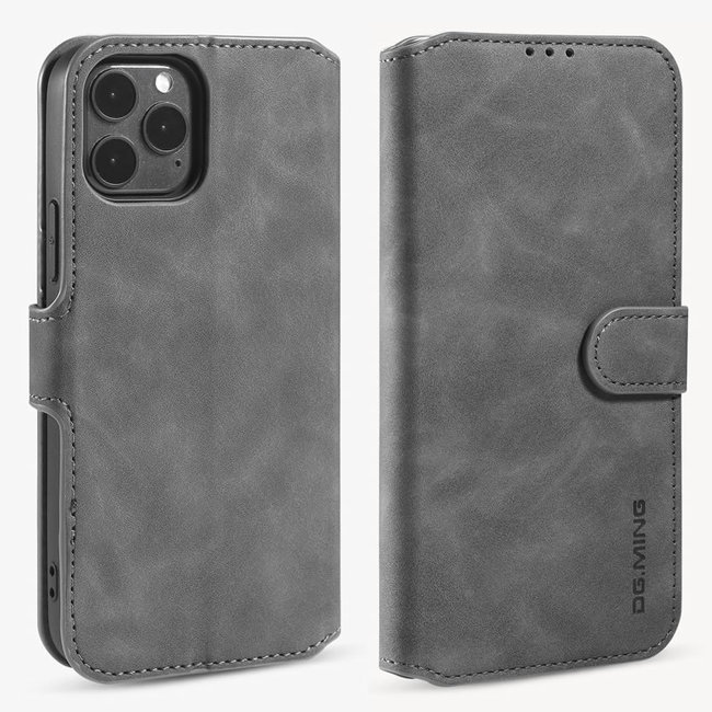 CaseMe - iPhone 12 / 12 Pro Case - with Magnetic closure - Leather Book Case - Grey