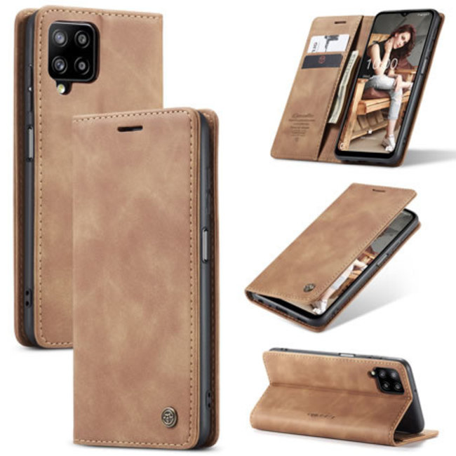 CaseMe - Case for Samsung Galaxy A12 - PU Leather Wallet Case Card Slot Kickstand Magnetic Closure - Light Brown